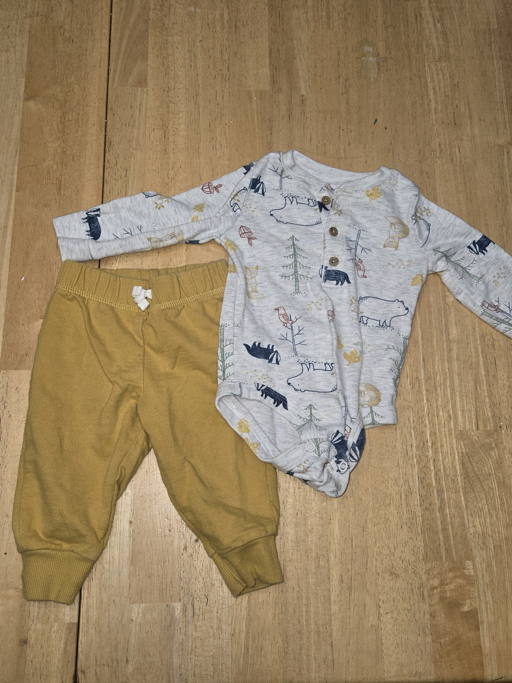 Carter's Mustard Pants with Grey Woodland Print One-Piece